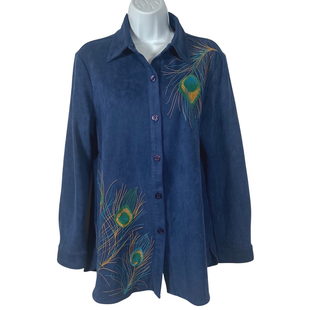 Drapers‎ & Damons Suede Button Top Womens Medium Blue Embroidered Peacock Boho
